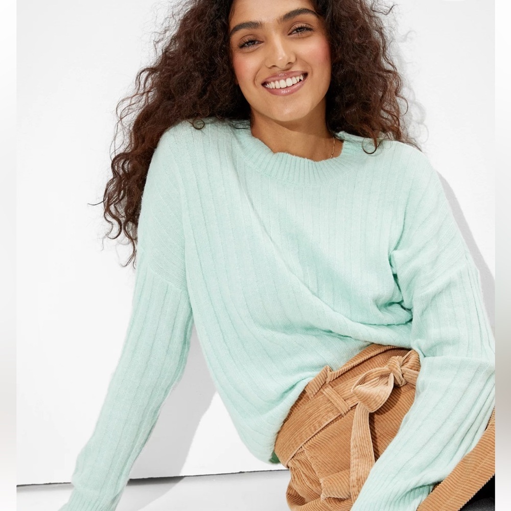 AE Cropped Dreamspun Crew Neck Sweater | Mint Green | Size Medium